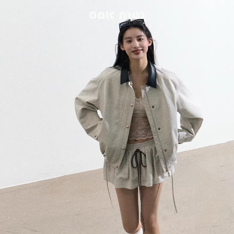 Contrast Collar Zip-Up Jacket With Adjustable Hem