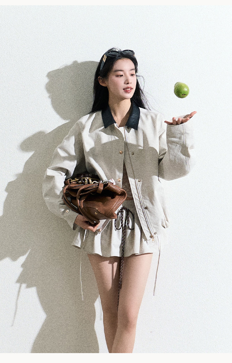 Contrast Collar Zip-Up Jacket With Adjustable Hem