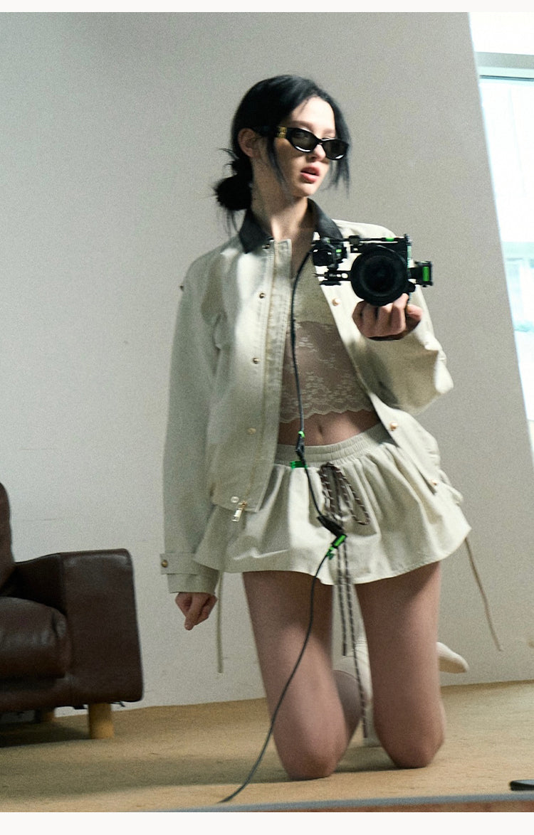 Contrast Collar Zip-Up Jacket With Adjustable Hem