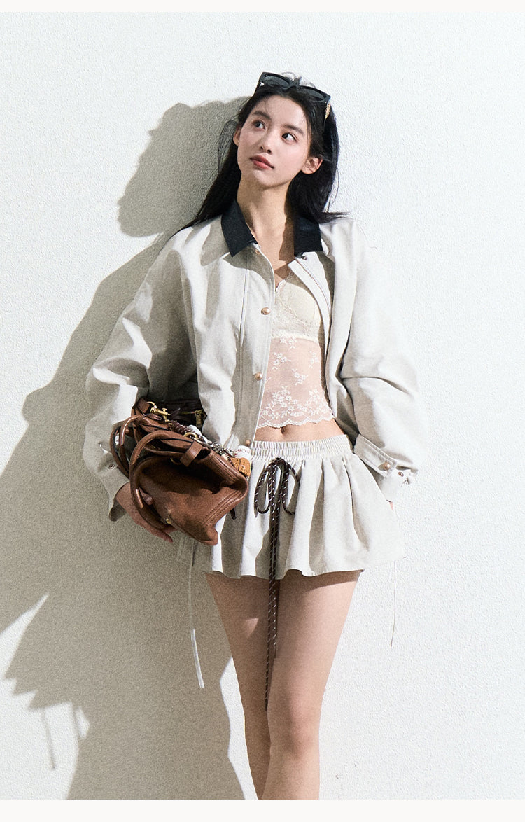 Contrast Collar Zip-Up Jacket With Adjustable Hem