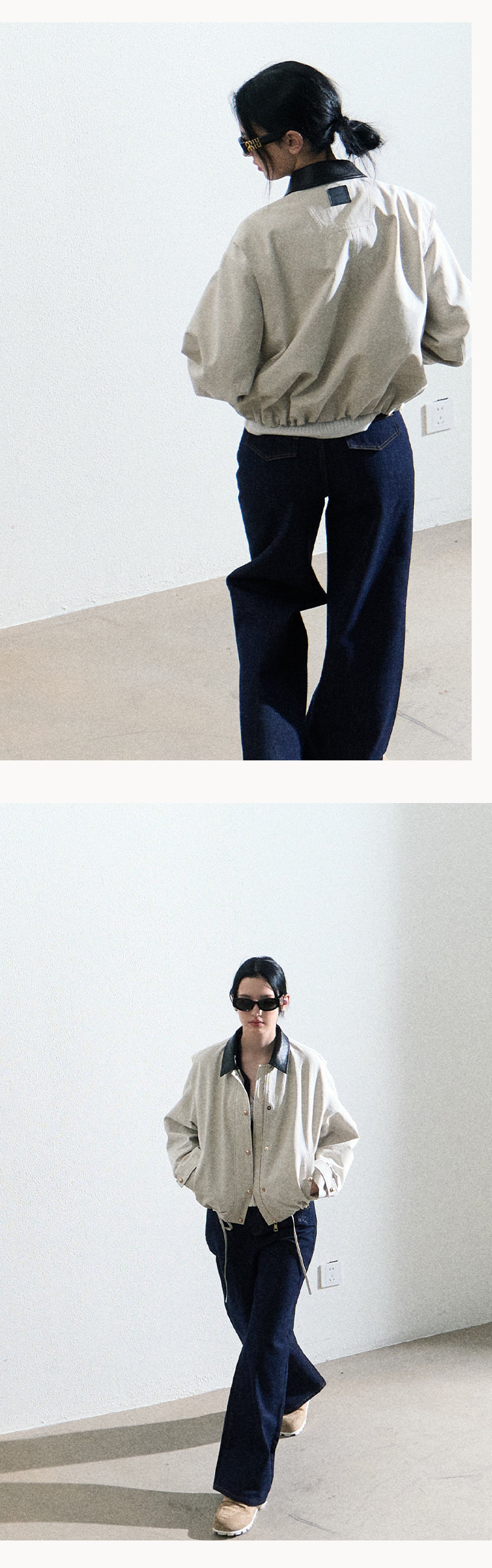 Contrast Collar Zip-Up Jacket With Adjustable Hem