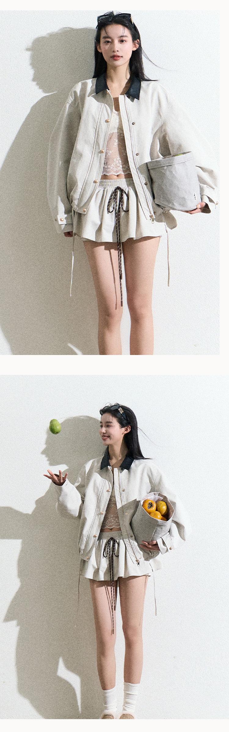 Contrast Collar Zip-Up Jacket With Adjustable Hem