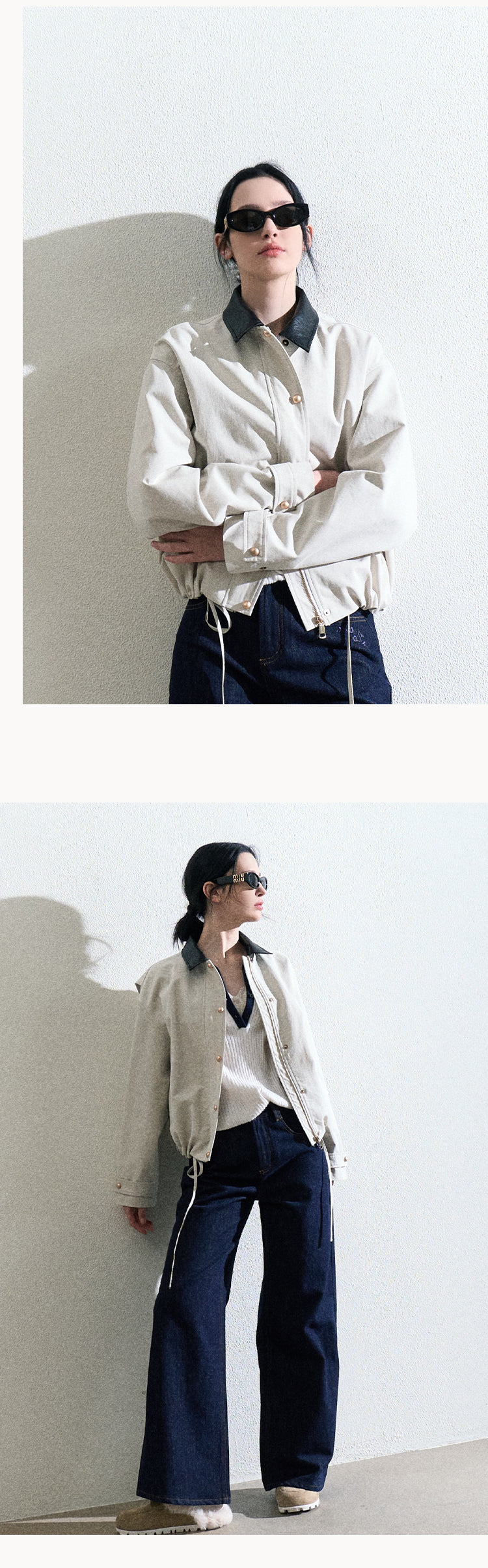 Contrast Collar Zip-Up Jacket With Adjustable Hem