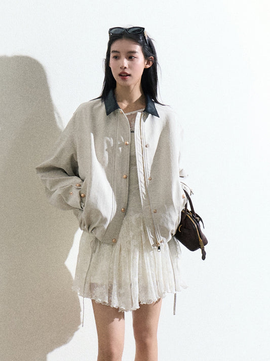 Contrast Collar Zip-Up Jacket With Adjustable Hem