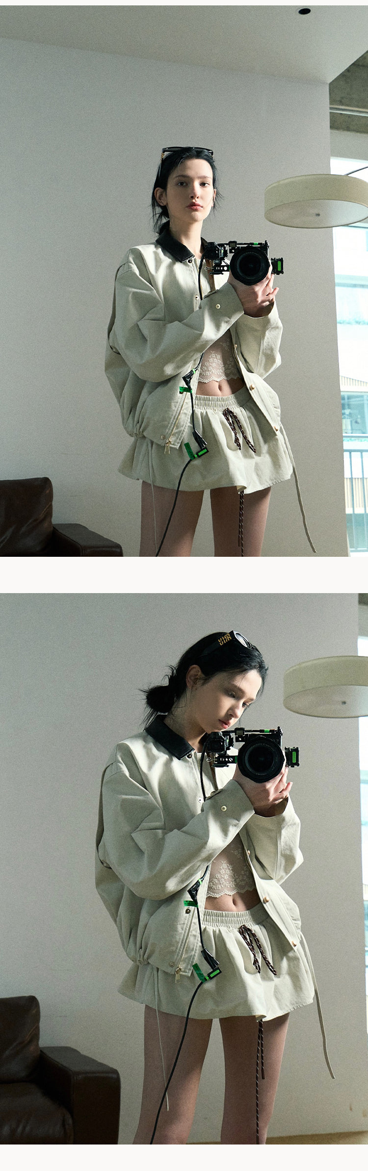 Contrast Collar Zip-Up Jacket With Adjustable Hem