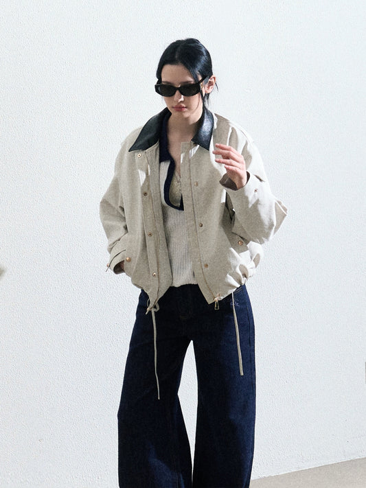Contrast Collar Zip-Up Jacket With Adjustable Hem