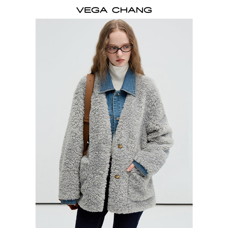 Layered-Style Faux Fur Jacket With Denim Details