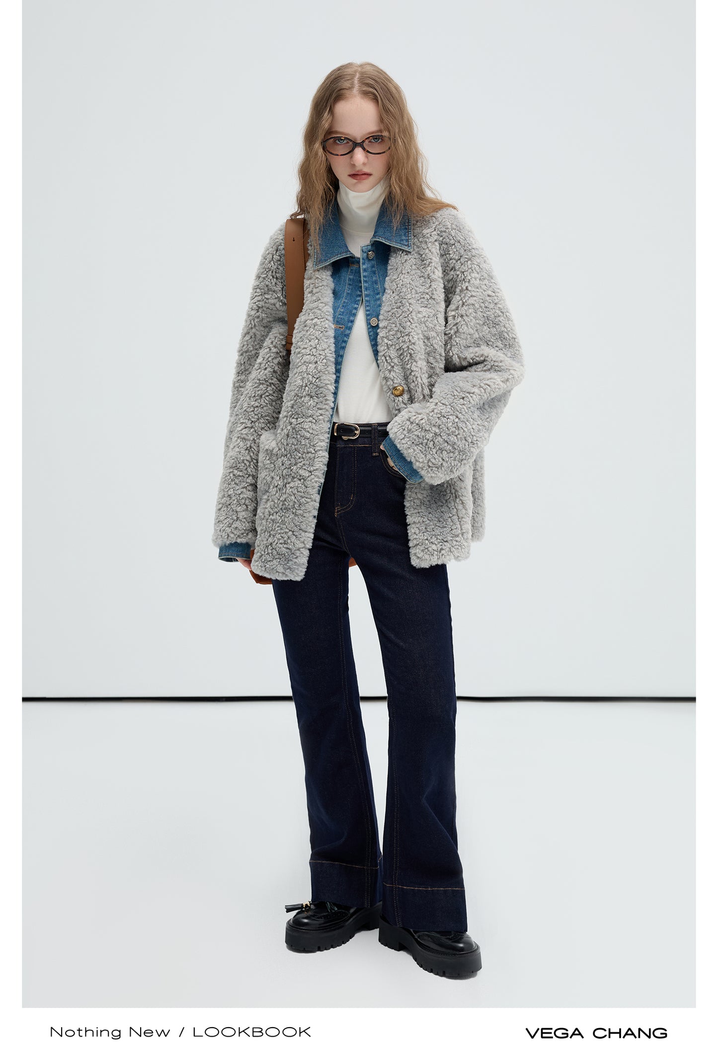 Layered-Style Faux Fur Jacket With Denim Details