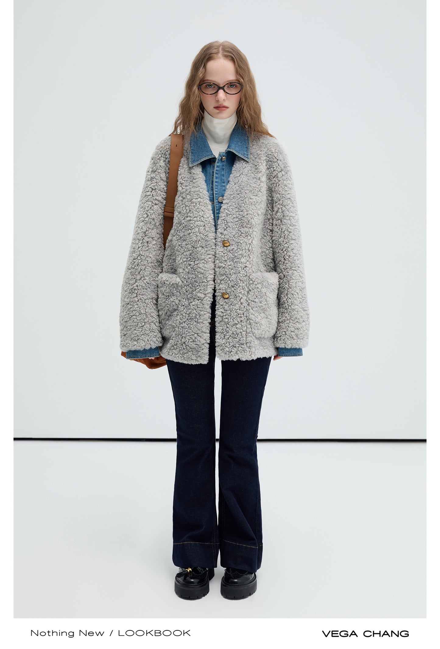 Layered-Style Faux Fur Jacket With Denim Details