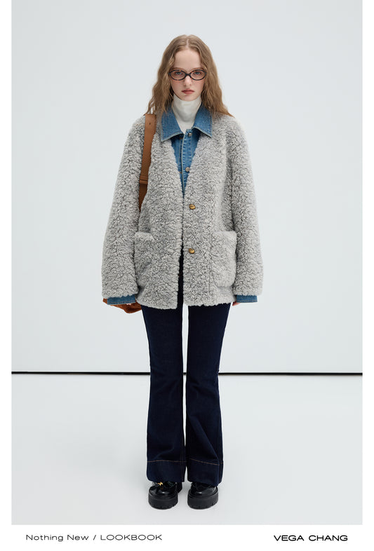 Layered-Style Faux Fur Jacket With Denim Details