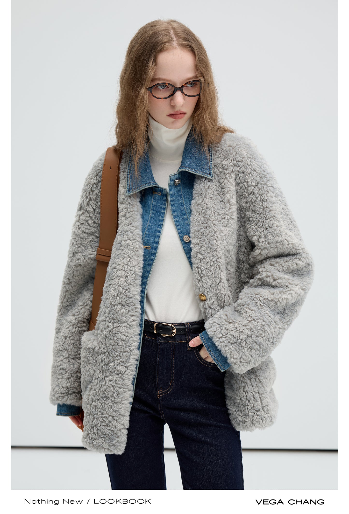 Layered-Style Faux Fur Jacket With Denim Details