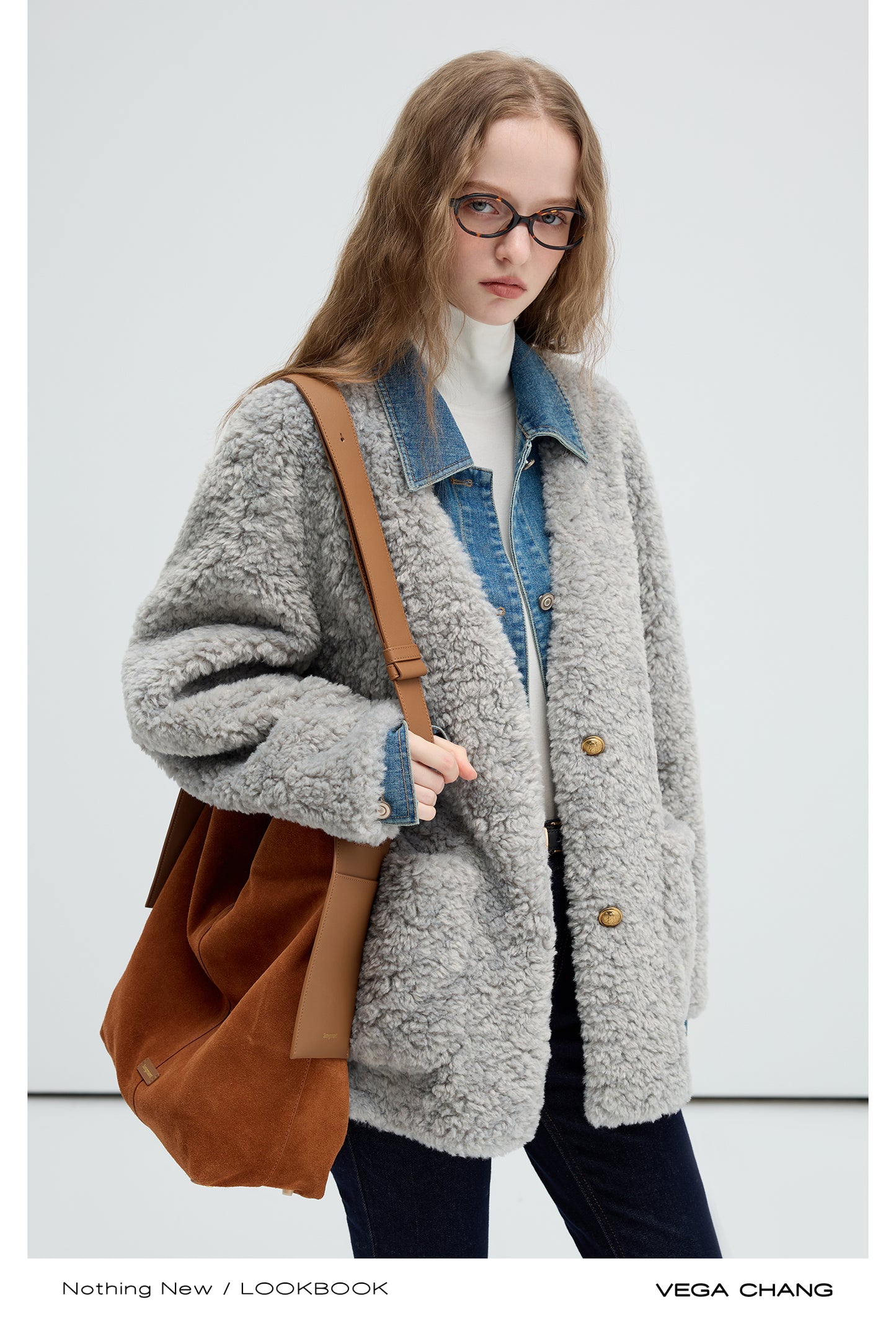 Layered-Style Faux Fur Jacket With Denim Details