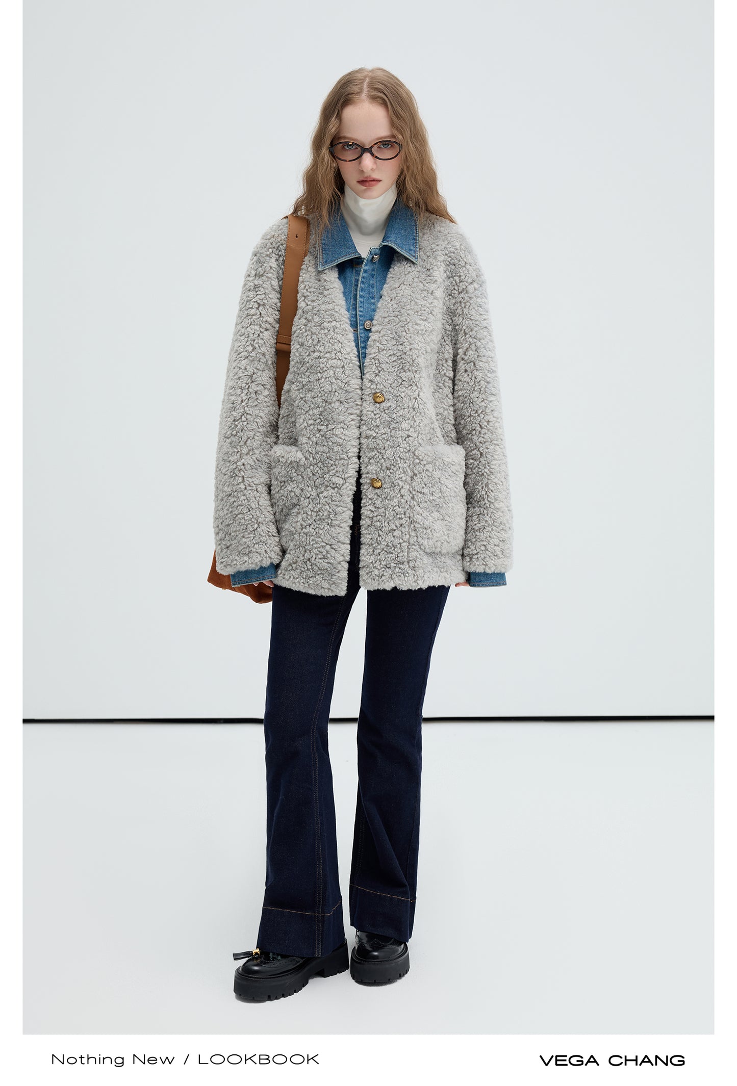 Layered-Style Faux Fur Jacket With Denim Details