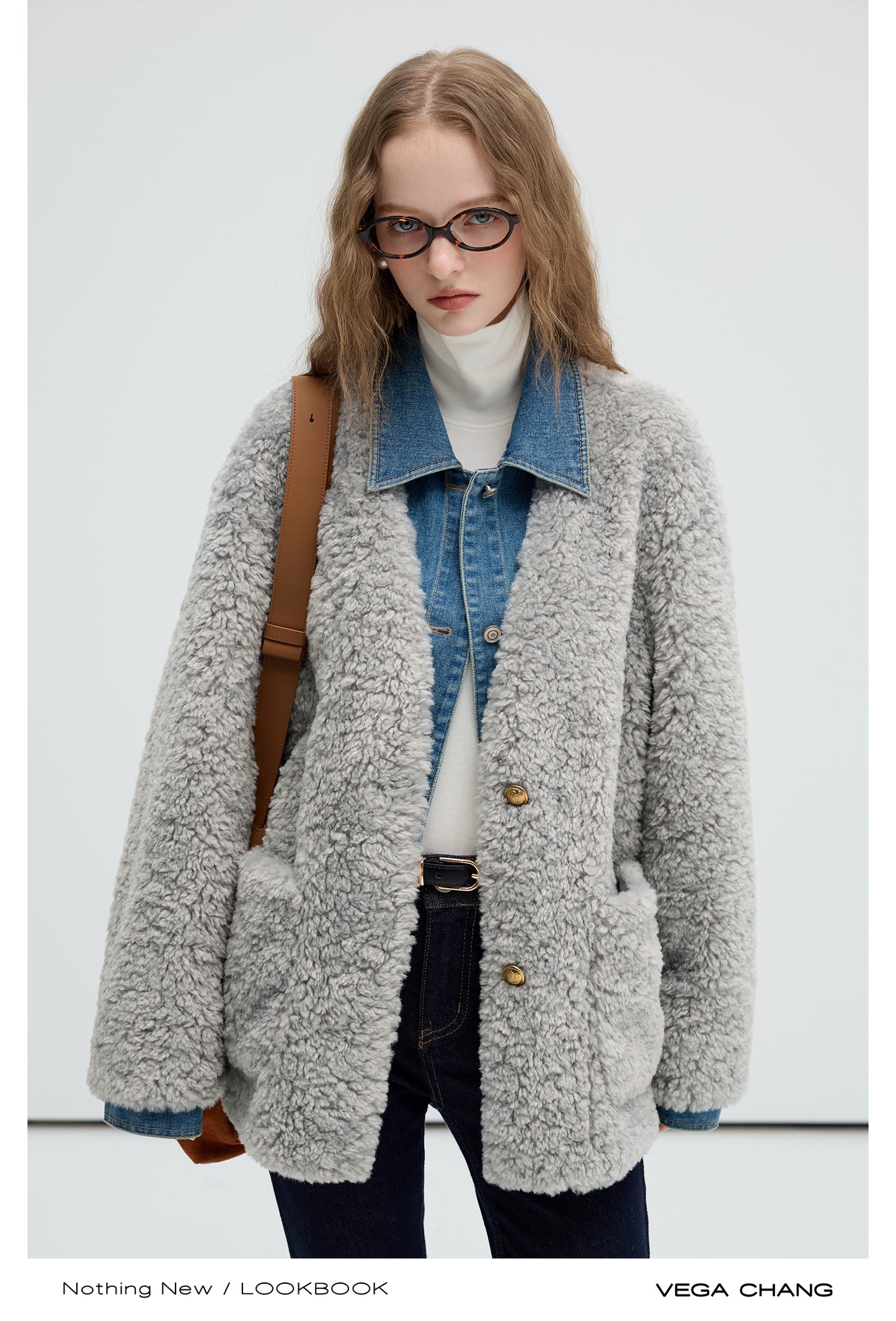 Layered-Style Faux Fur Jacket With Denim Details