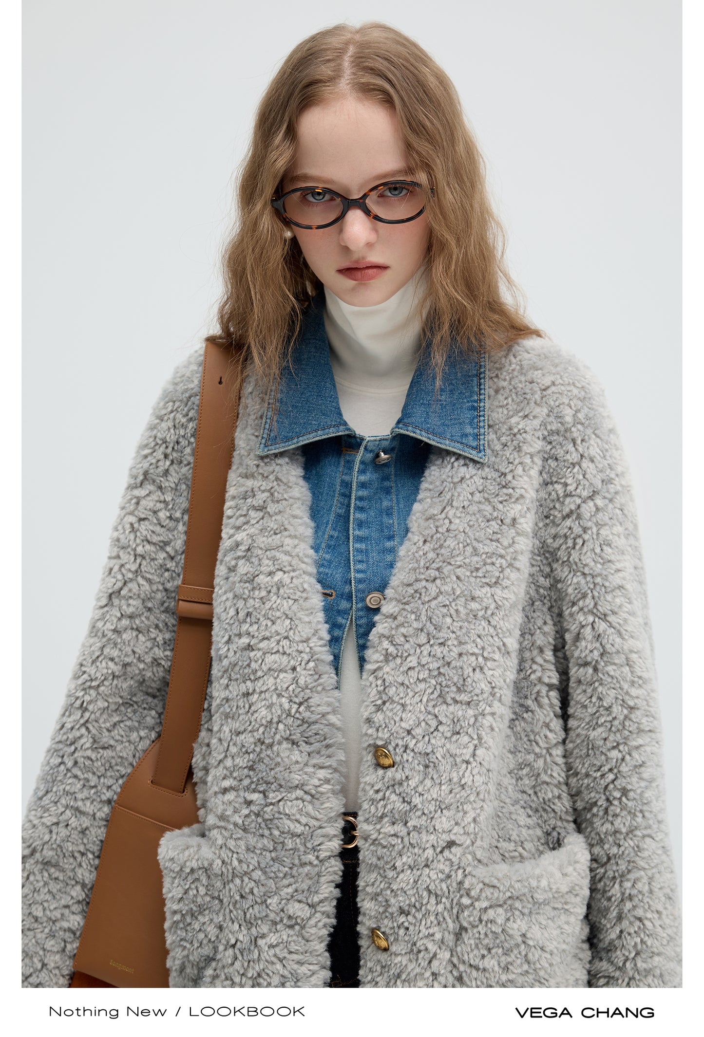 Layered-Style Faux Fur Jacket With Denim Details