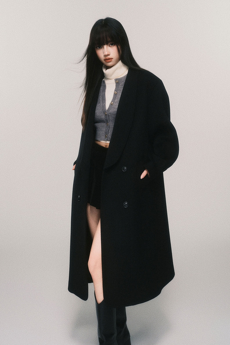 Classic Shawl Lapel Wool Blend Long Coat
