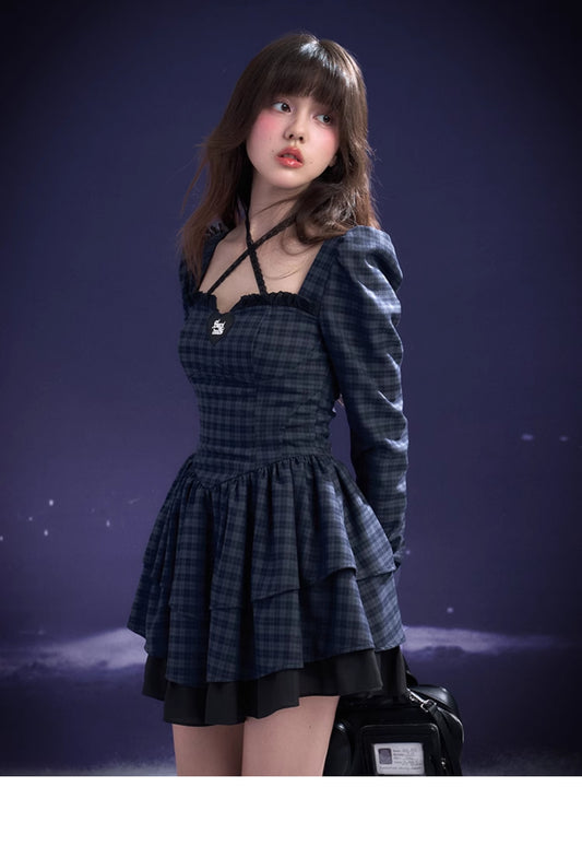 Plaid Halter Neck Tiered Bustier Dress