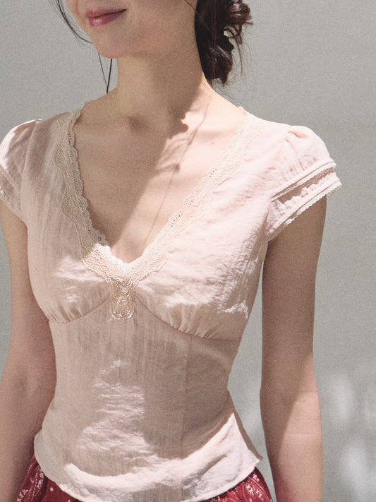 Deep V Double Sleeve Blouse With Back Tie