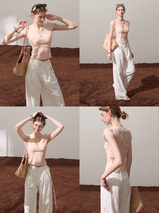 Deep V Double Sleeve Blouse With Back Tie