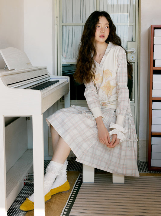 Floral Plaid V-Neck Shirt & Wrap Skirt