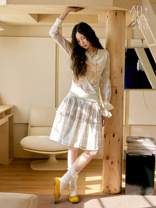 Floral Plaid V-Neck Shirt & Wrap Skirt