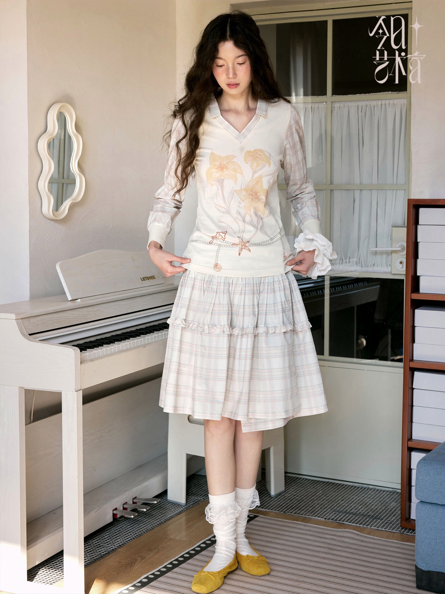 Floral Plaid V-Neck Shirt & Wrap Skirt