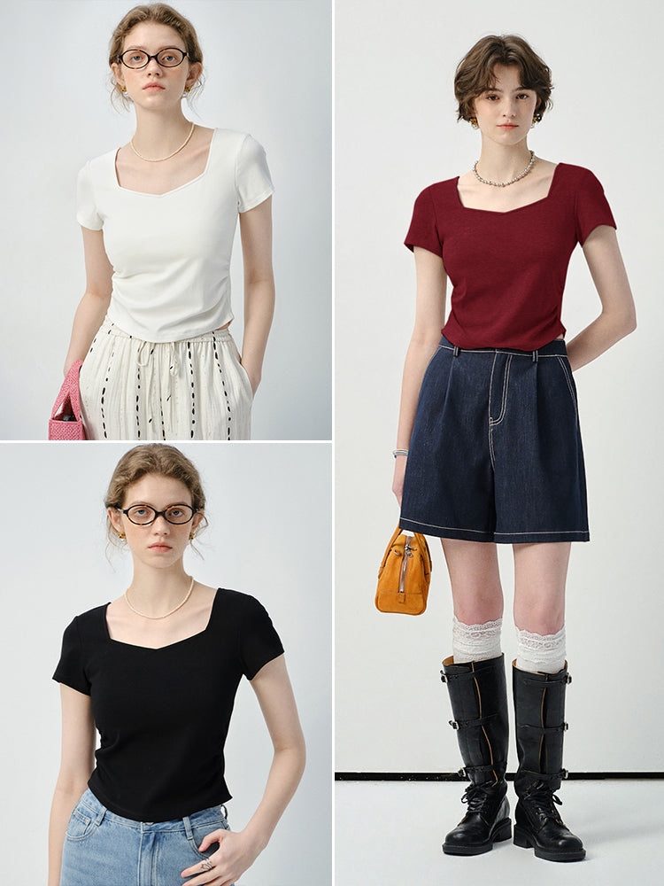Square V-Neck Plain T-Shirt