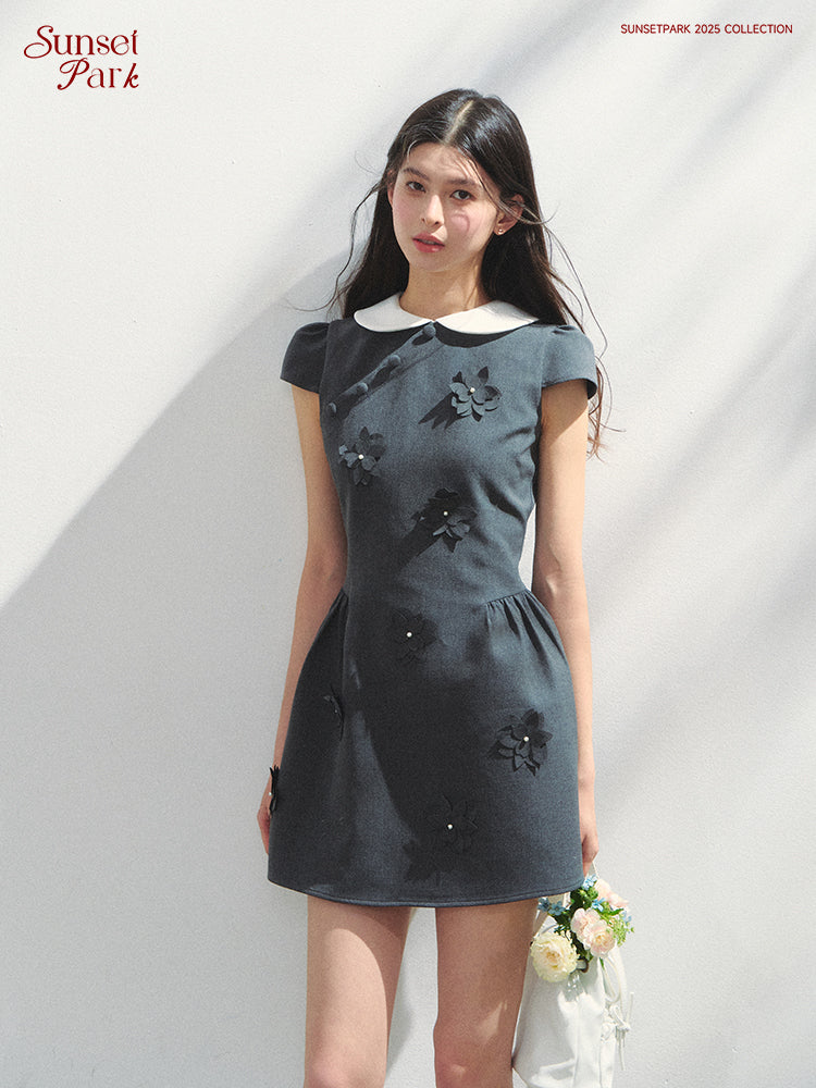 Round-Collar Mini Dress With Floral Embellishments