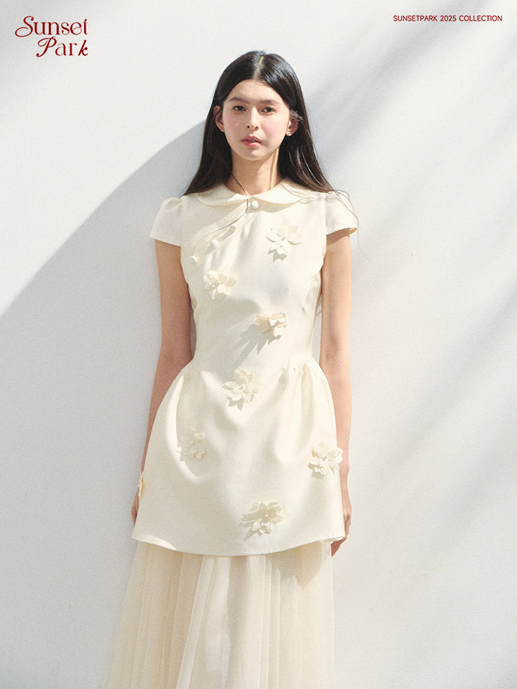 Round-Collar Mini Dress With Floral Embellishments