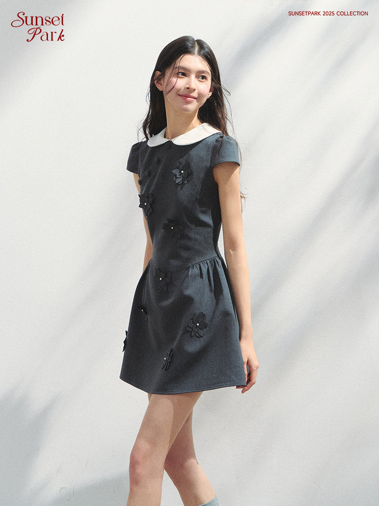 Round-Collar Mini Dress With Floral Embellishments