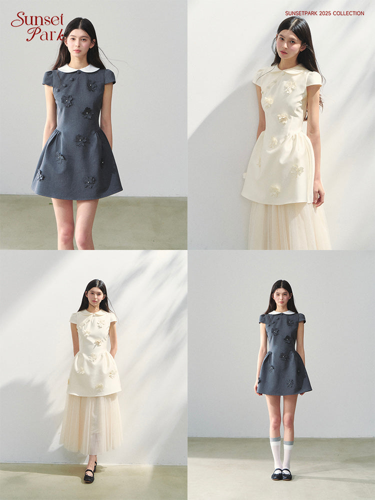 Round-Collar Mini Dress With Floral Embellishments