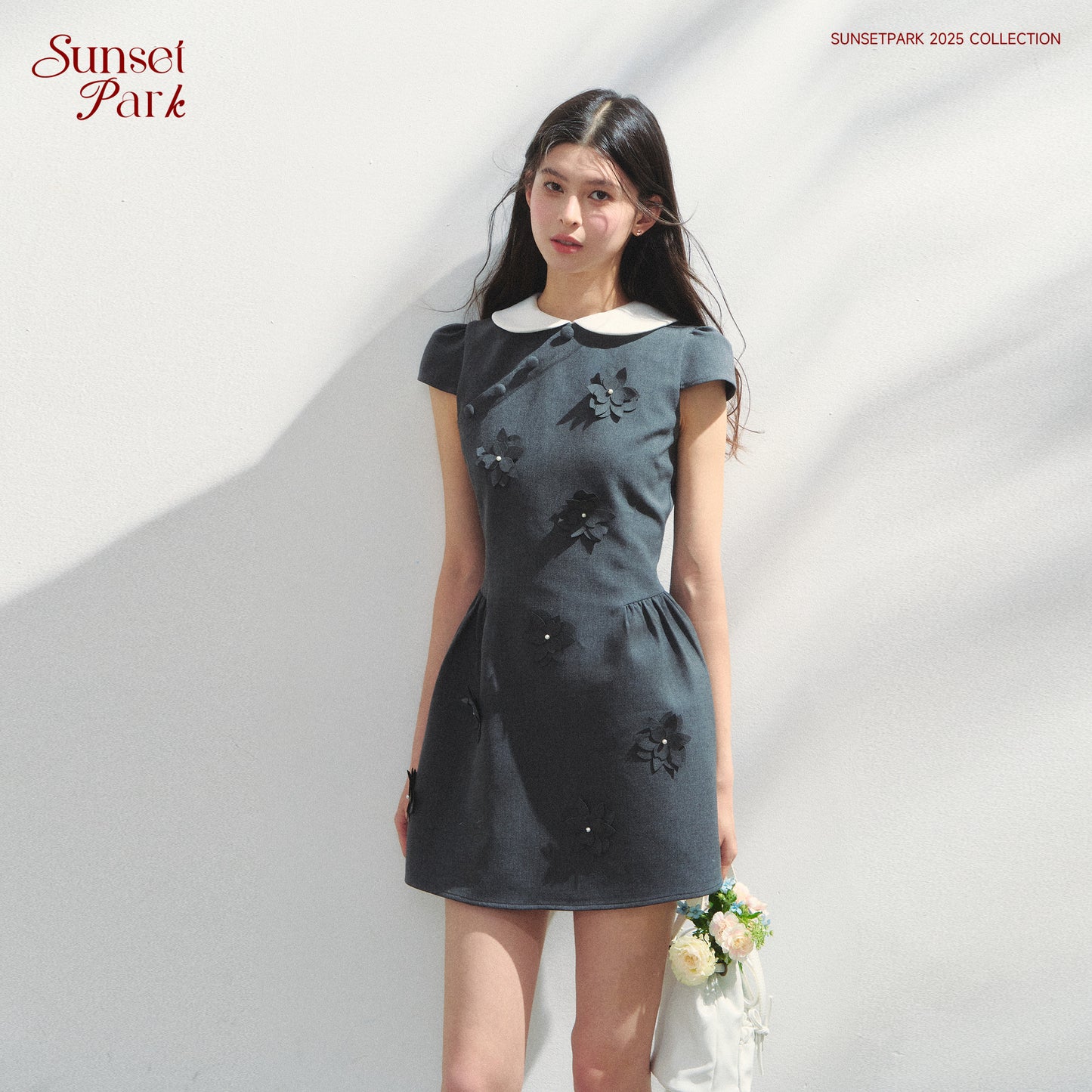 Round-Collar Mini Dress With Floral Embellishments