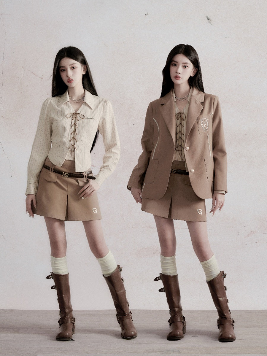 Embroidered Blazer & Double Waistband Skirt