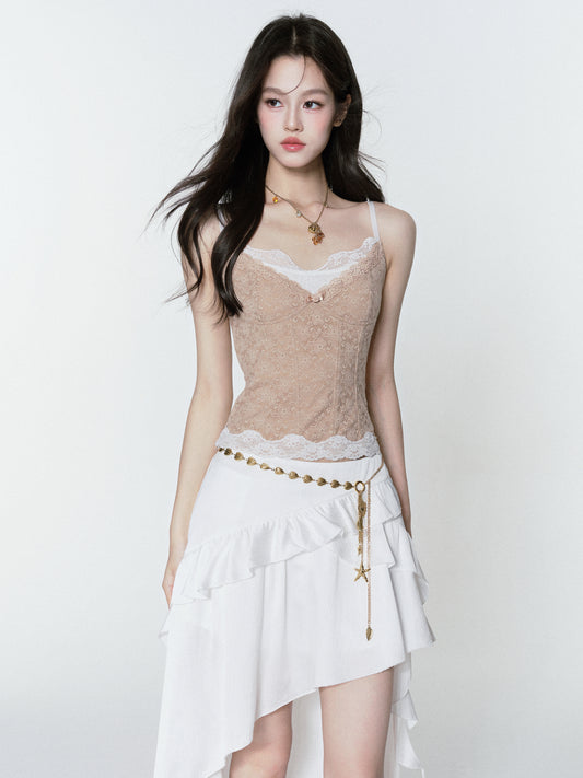 Lace Bustier Cami & High-Low Ruffle Skirt