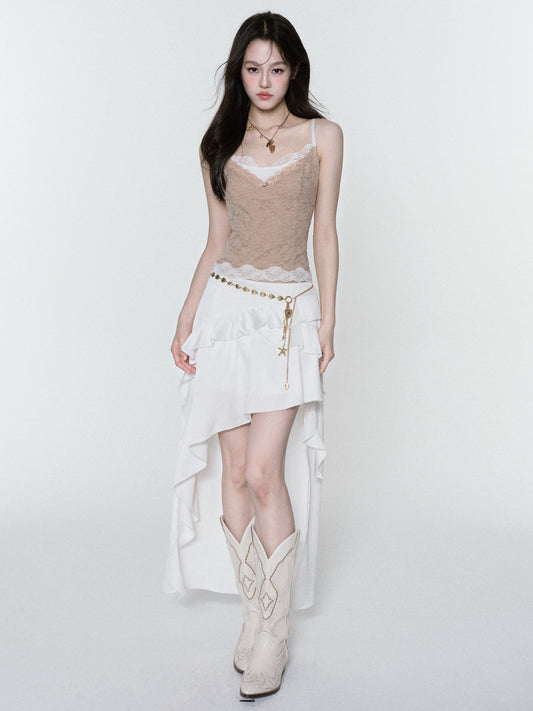 Lace Bustier Cami & High-Low Ruffle Skirt