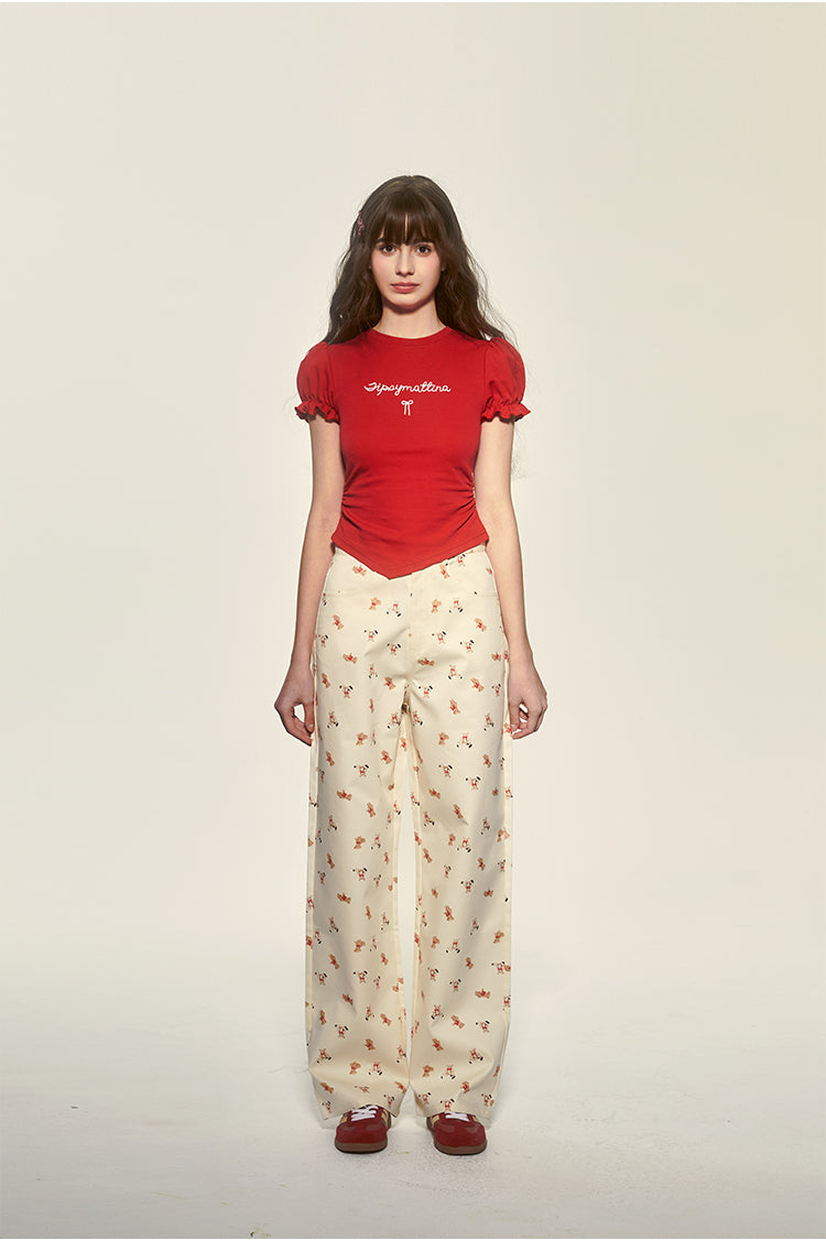 Teddy Bear Print Wide-Leg Cotton Pants