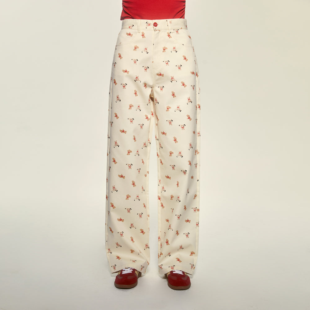 Teddy Bear Print Wide-Leg Cotton Pants