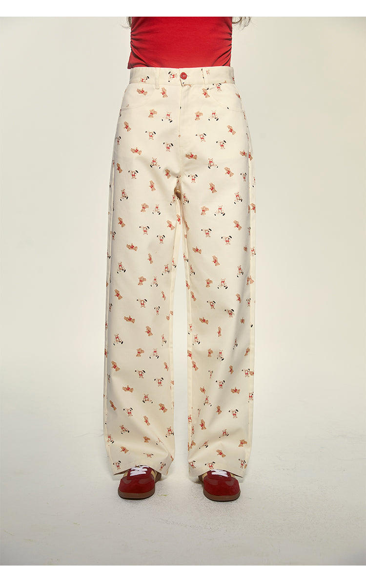 Teddy Bear Print Wide-Leg Cotton Pants