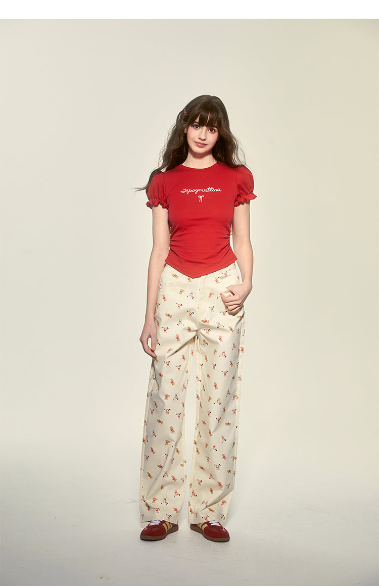 Teddy Bear Print Wide-Leg Cotton Pants