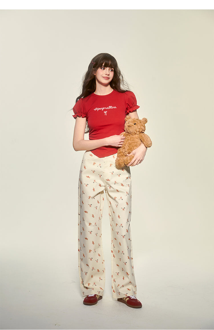 Teddy Bear Print Wide-Leg Cotton Pants