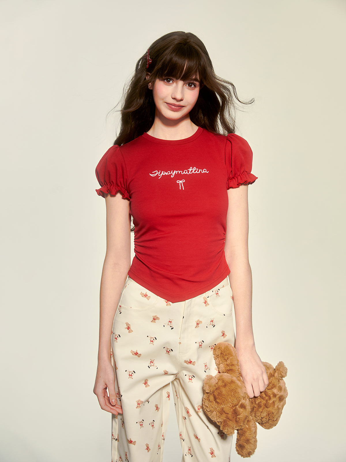 Teddy Bear Print Wide-Leg Cotton Pants