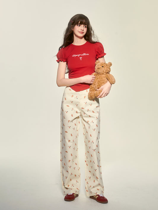 Teddy Bear Print Wide-Leg Cotton Pants