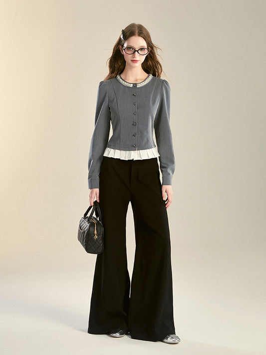 Button-Up Puff Sleeve Blouse With Bijou Detail