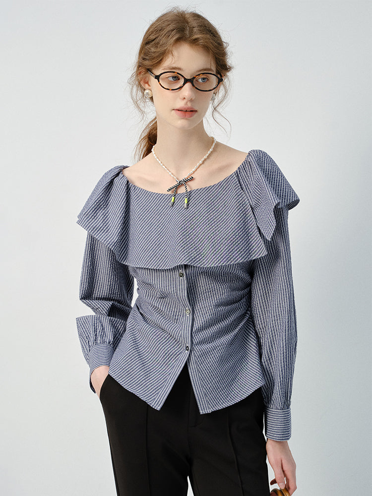 Oversized Collar Striped Button-Down Blouse