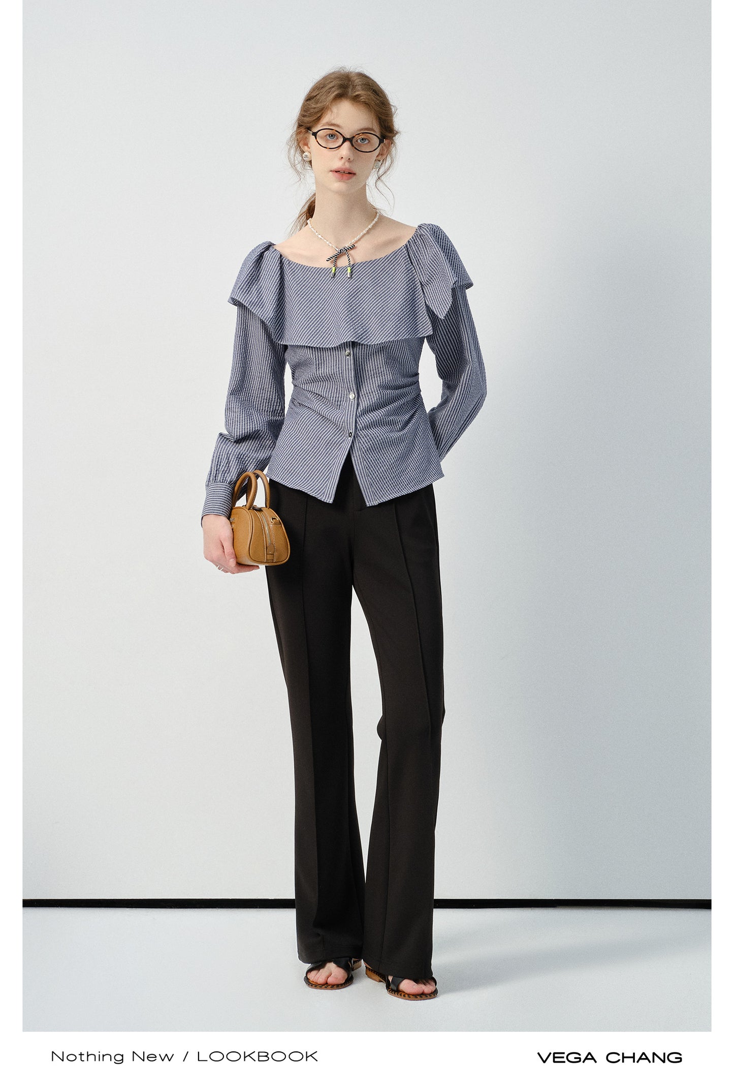 Oversized Collar Striped Button-Down Blouse