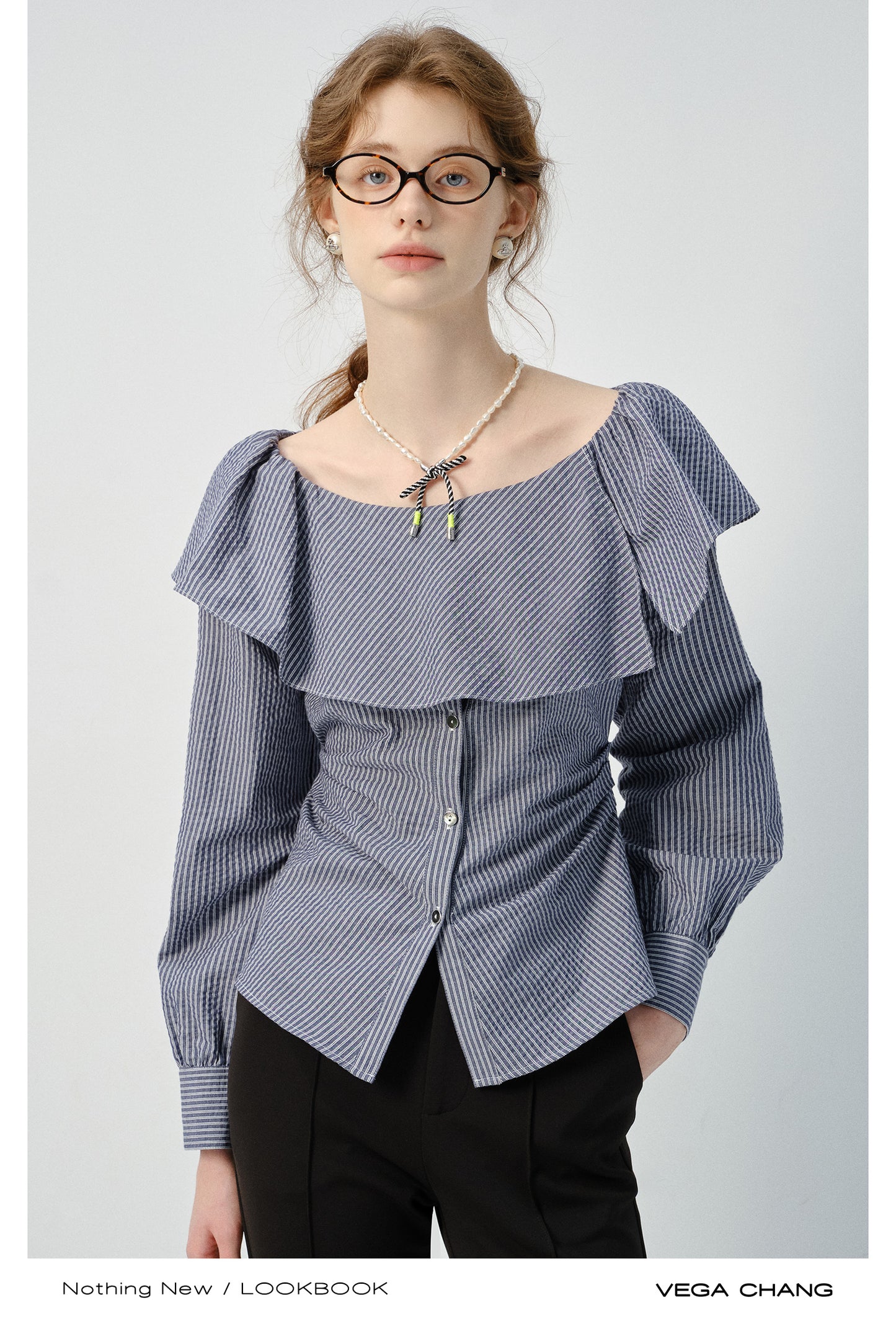 Oversized Collar Striped Button-Down Blouse