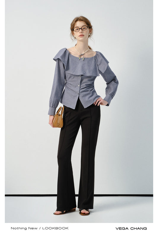 Oversized Collar Striped Button-Down Blouse