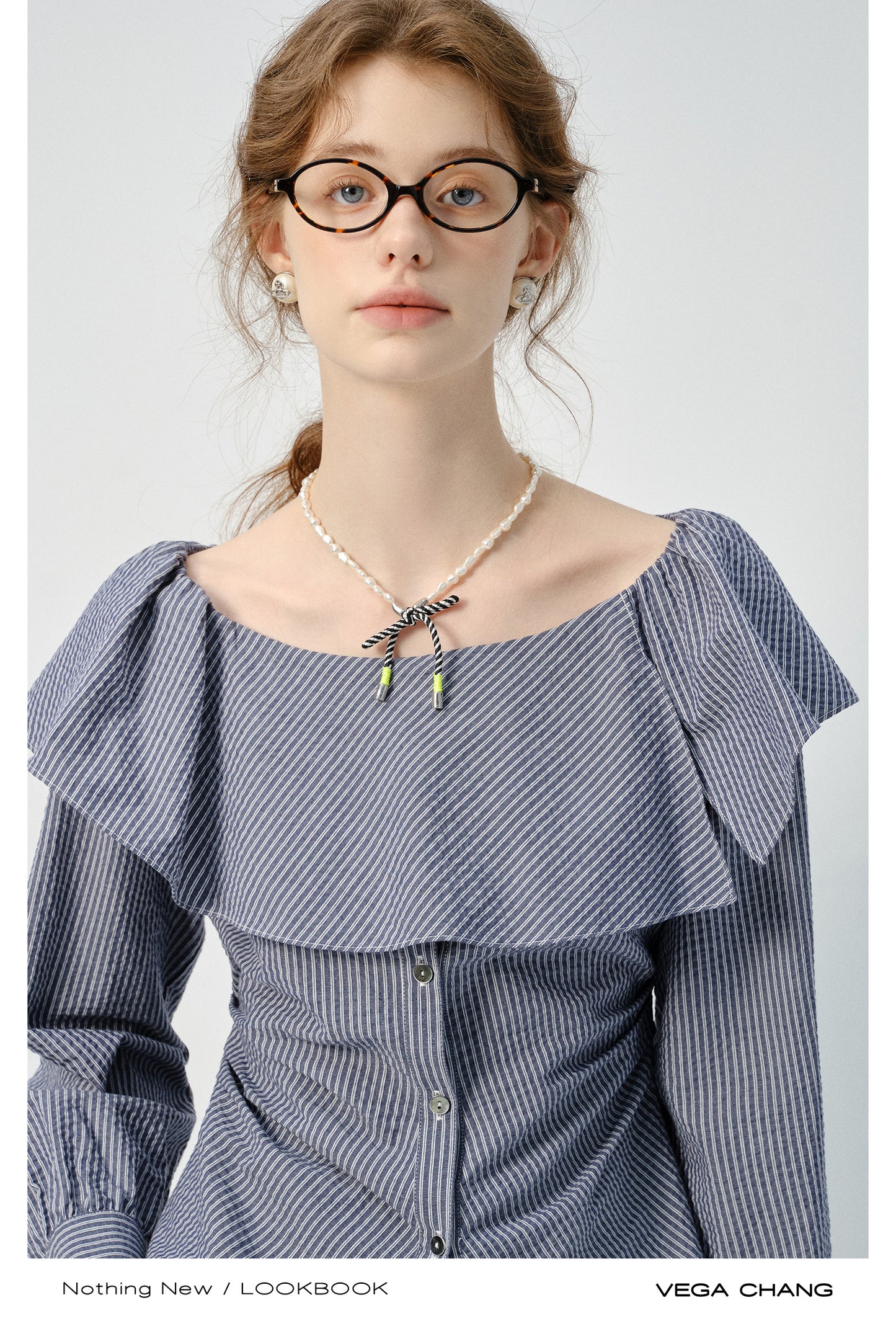 Oversized Collar Striped Button-Down Blouse