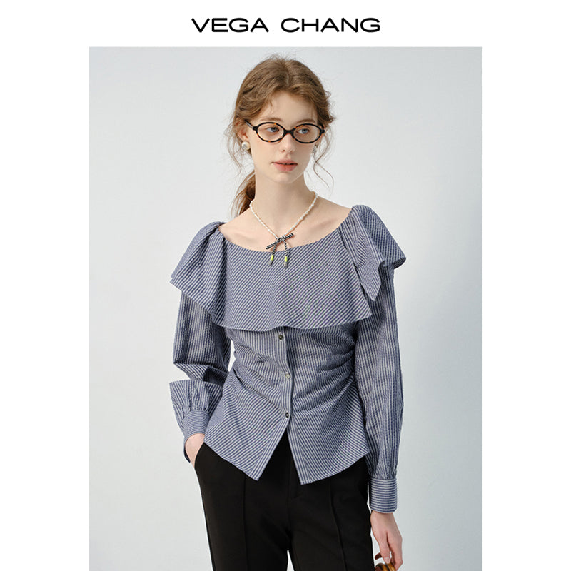 Oversized Collar Striped Button-Down Blouse