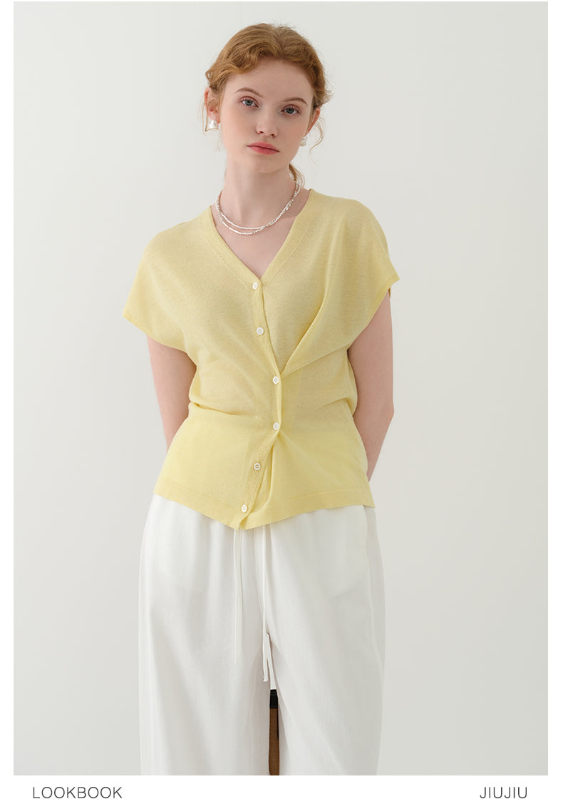 Dropped Shoulder Asymmetric Ruched Knit Top